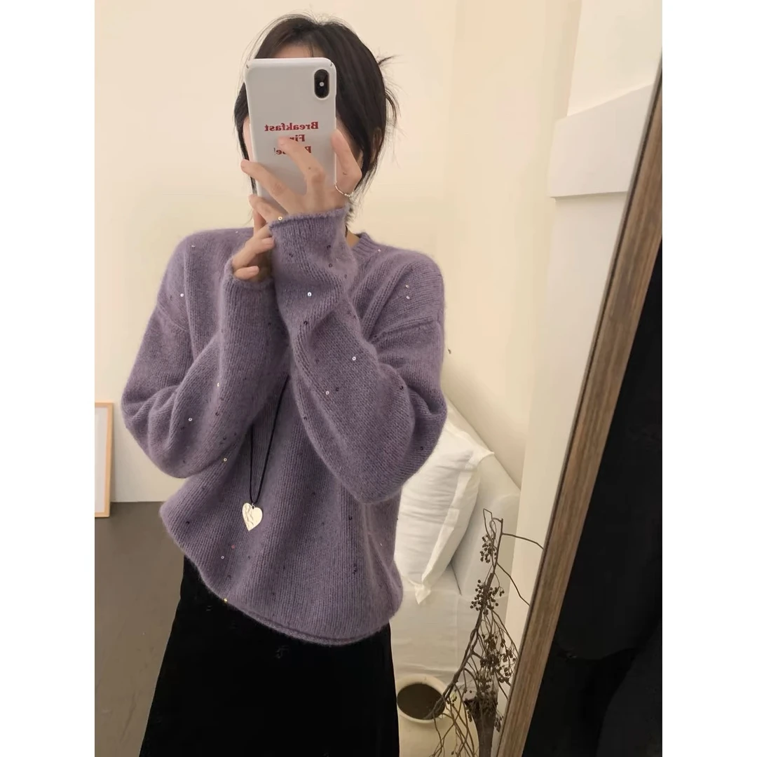 亮片圆领宽松慵懒风绵羊毛针织衫欧洲站秋冬新款女时尚百搭毛衣