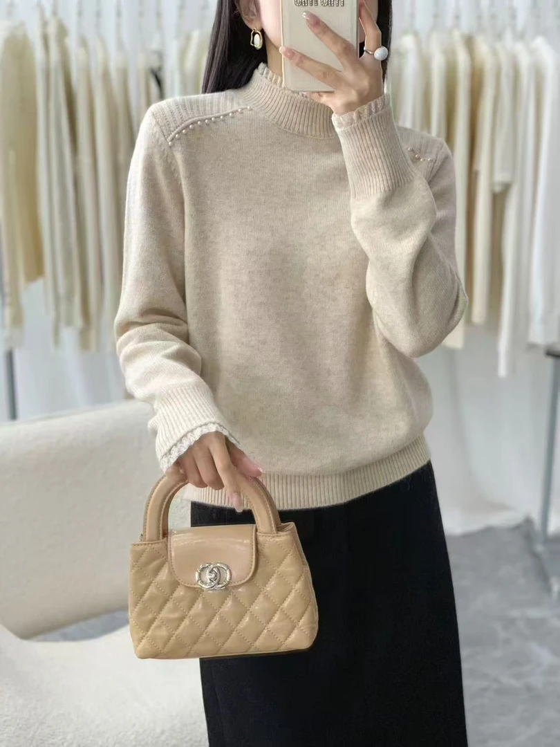 半高领花边领双肩钉珠针织衫上衣打底显瘦毛衣W812