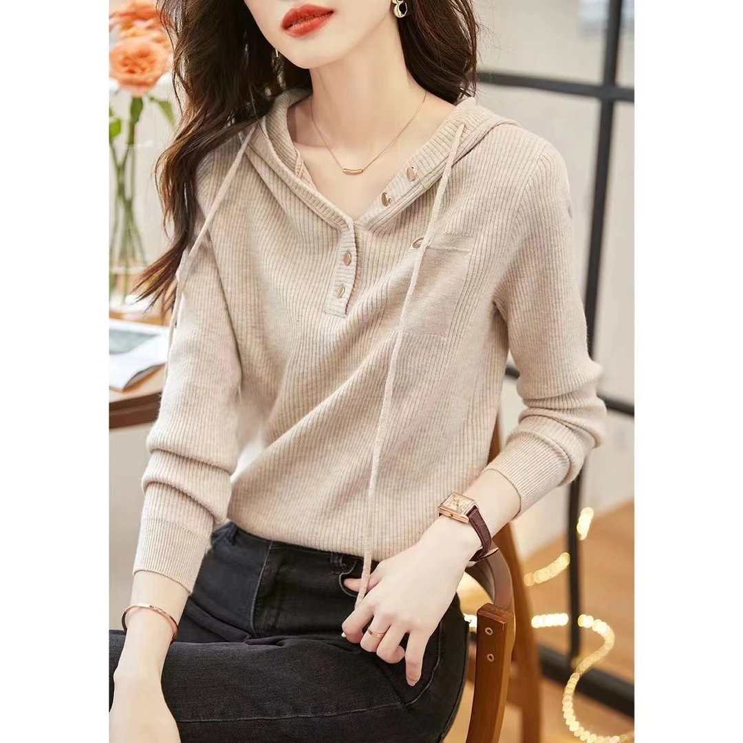 抽绳连帽毛衣针织衫秋冬韩版新款百搭宽松套头长袖打底帽衫A194