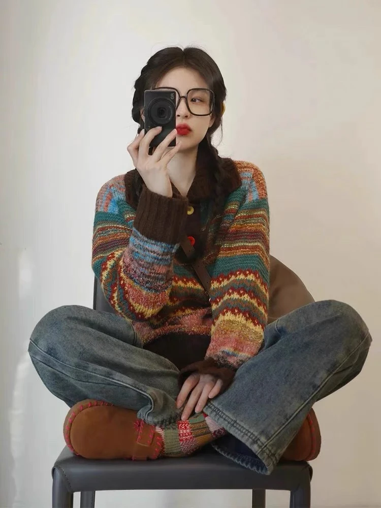 韩版费尔岛毛衣慵懒高级彩色条纹美拉德宽松显瘦复古针织上衣9608