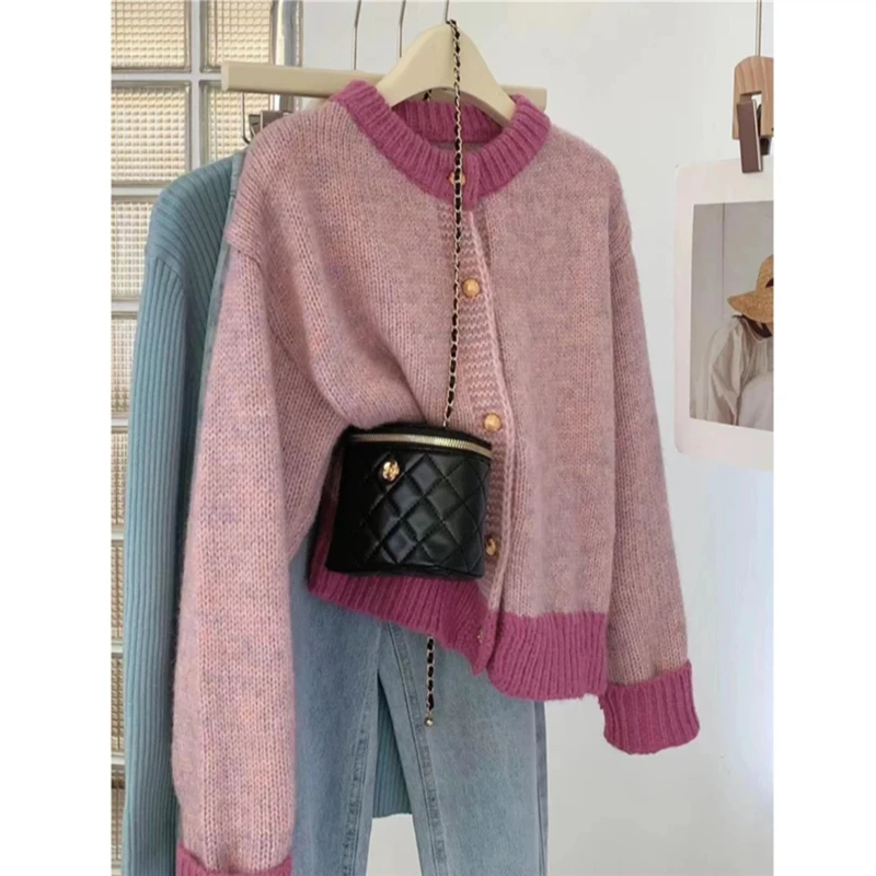 短款粗针花纱毛衣外套女秋冬新款韩版宽松慵懒风拼色针织开衫A142