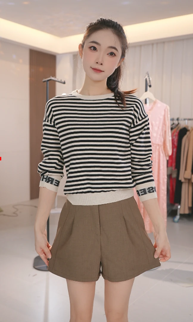 毛衣圆领条纹2024秋冬新款韩版套头百搭显瘦上衣针织衫A502