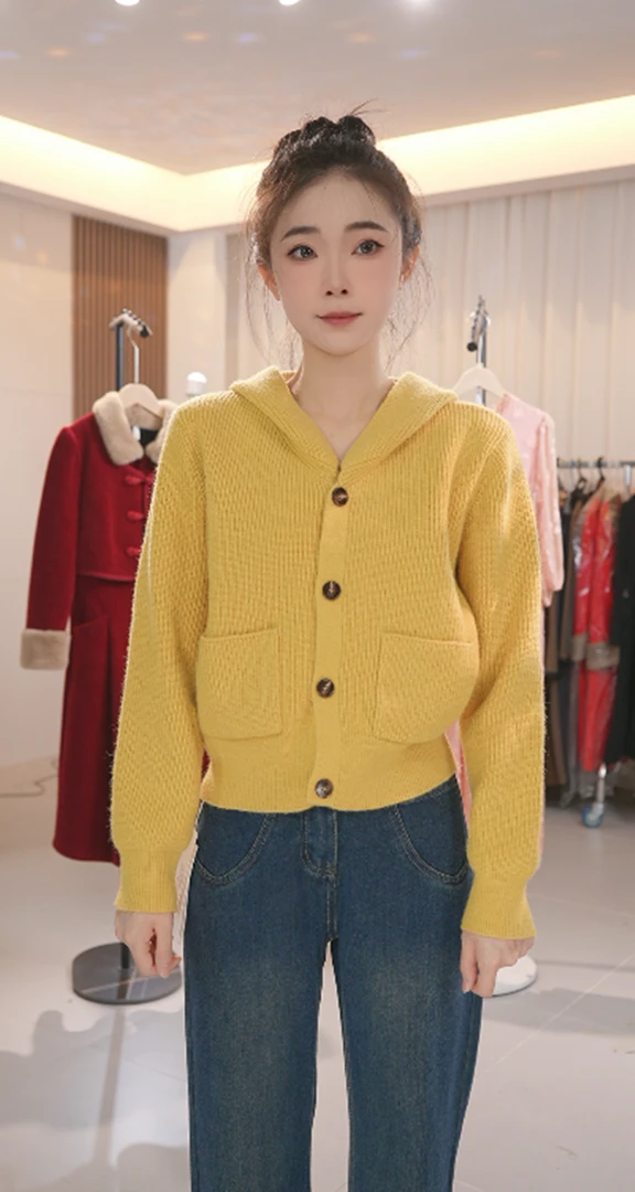 连帽纯色针织衫女秋冬长袖针织短款上衣A806