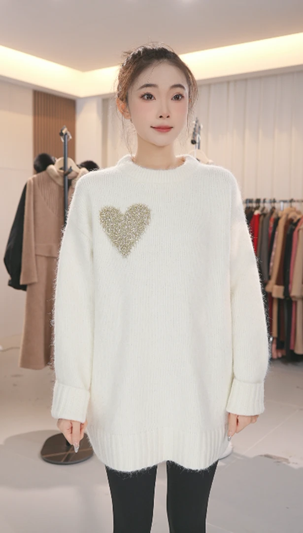 温柔风宽松显瘦保暖毛衣女高级感春季新款针织衫爱心外套上衣Q416