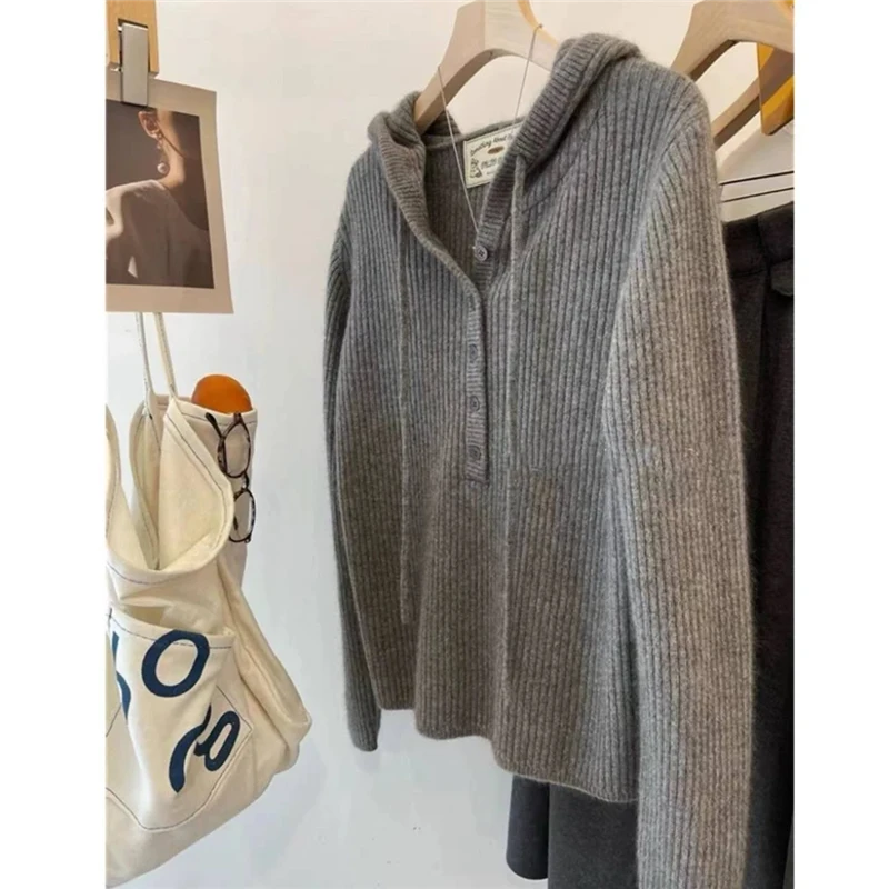 【半开纽扣连帽】竖条连帽针织衫休闲显瘦上衣A132