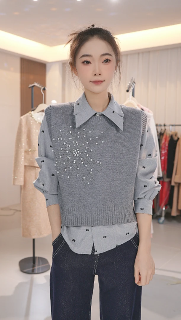 圆领重工钉珠针织马甲女秋季毛衣背心设计感百搭无袖上衣A828