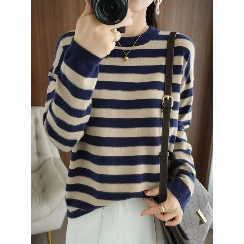 经典条纹！软糯亲肤！条纹毛衣长袖针织衫宽松显瘦洋气上衣A128