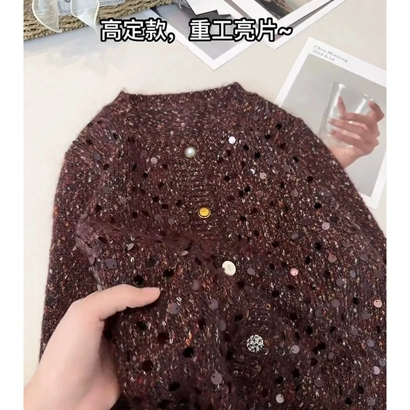 欧货复古亮片圆领针织衫秋冬新款时髦高级感洋气绵羊毛小香风毛衣