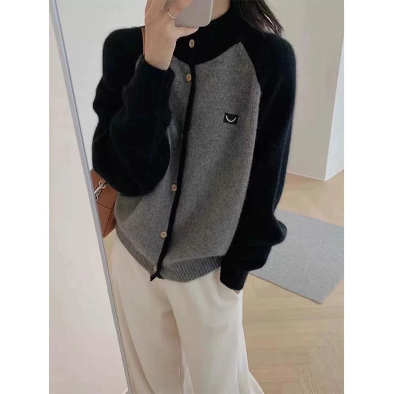 撞色圆领针织开衫外套女欧洲站欧货韩系风长袖针织衫毛衣潮A102