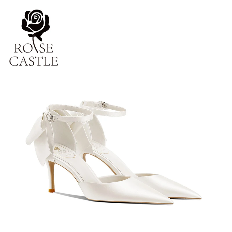 rose castle 婚宴鞋一字带不掉跟新娘鞋法式蝴蝶结白色高跟订婚鞋