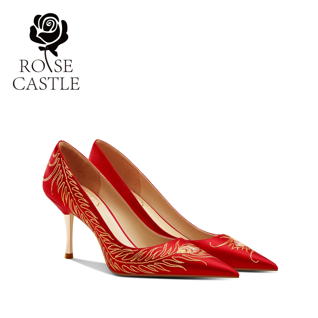 rose castle凤尾香罗原创中式刺绣婚鞋新娘鞋冬季新款婚纱高跟鞋