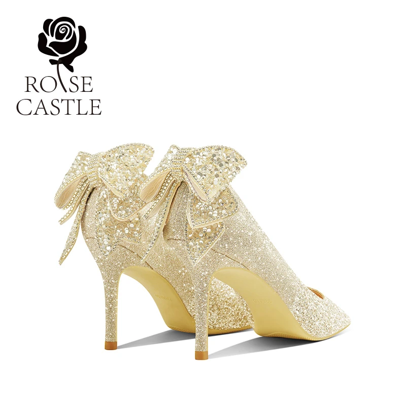 rose castle水晶订婚鞋女秀禾婚纱两穿新娘鞋金色高跟蝴蝶结单鞋