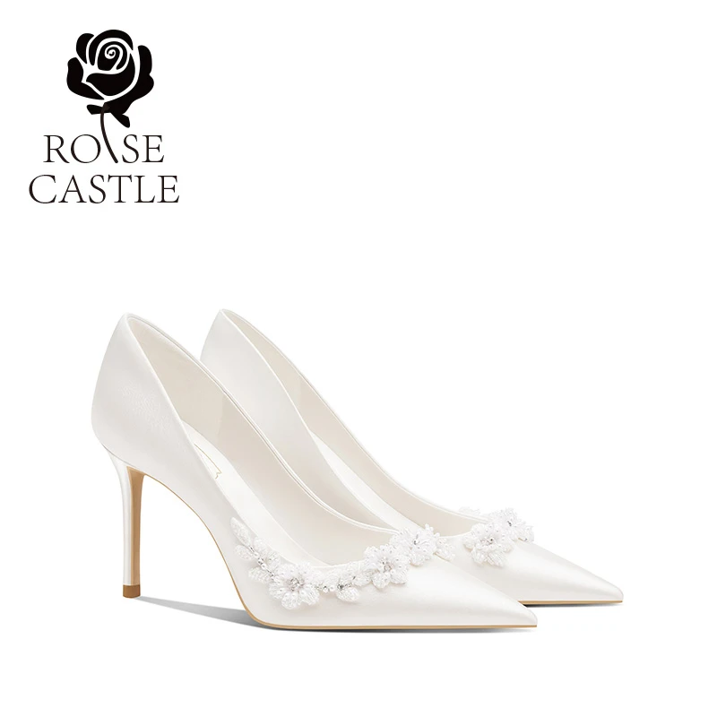 雪绒花rosecastle法式订婚鞋女新娘主婚纱白色高跟鞋女婚鞋女款