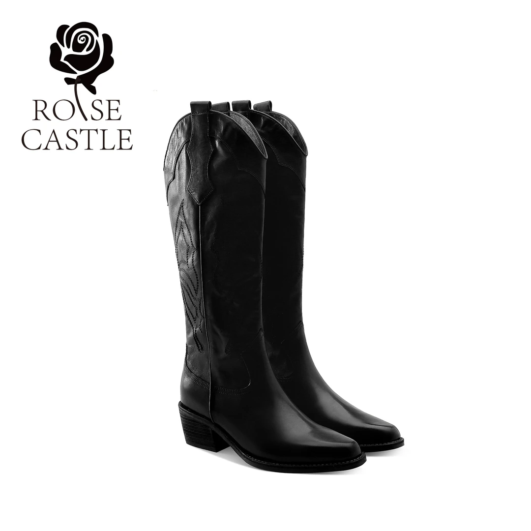 马皮新款高档复古尖头粗跟西部牛仔靴手工刺绣V口不累脚不挑腿围