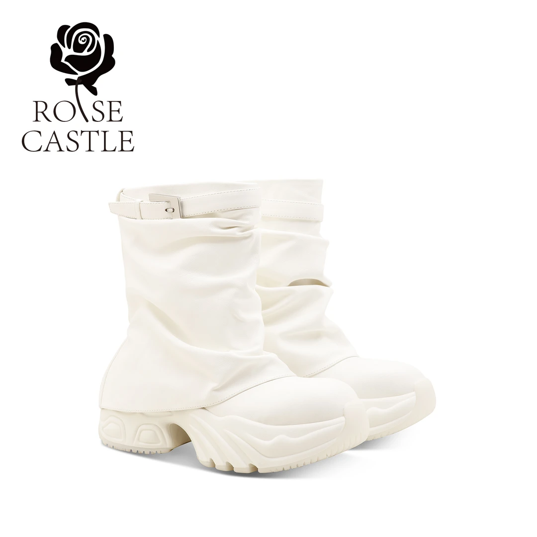 2024年新款时尚爆款厚底裤管靴女靴冬季机车风黑色真皮圆头运动靴