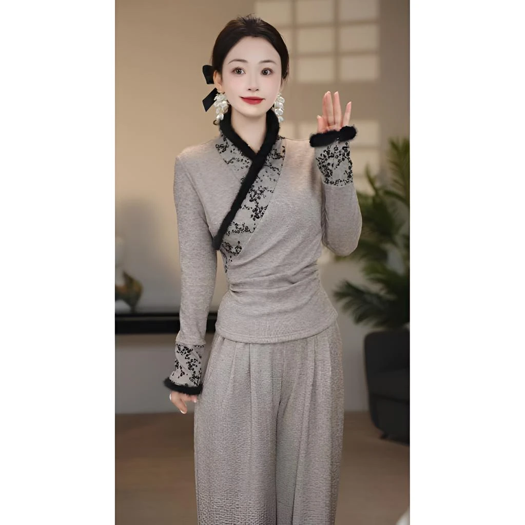 【珠帘】冬季新款高级休闲保暖毛毛领民族风长袖套装-80104