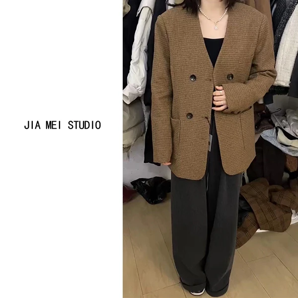 A092美拉德穿搭2024秋冬新款V领毛呢西装外套女休闲气质棕色百搭