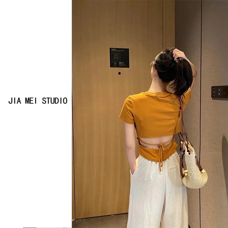 F085后背镂空小心机绑带设计感小众独特上衣辣妹短款短袖t恤女夏
