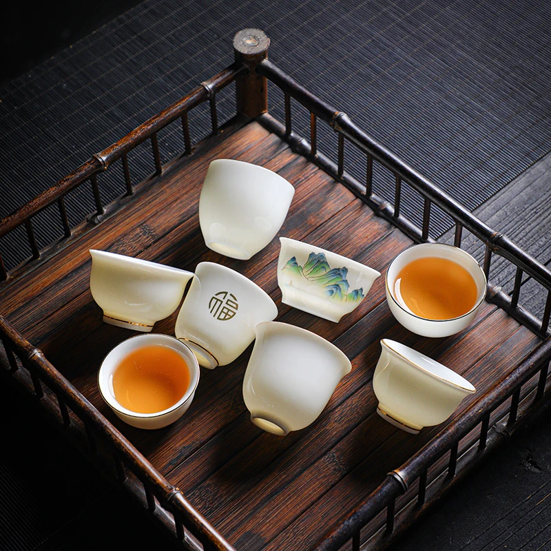 德化羊脂玉功夫茶杯纯白品茗杯陶瓷主人杯家用茶具单杯描金小茶杯