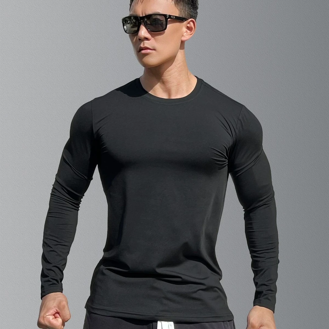新款肌肉健身运动牛奶丝长袖t恤男士修身透气休闲弹力训练服上衣