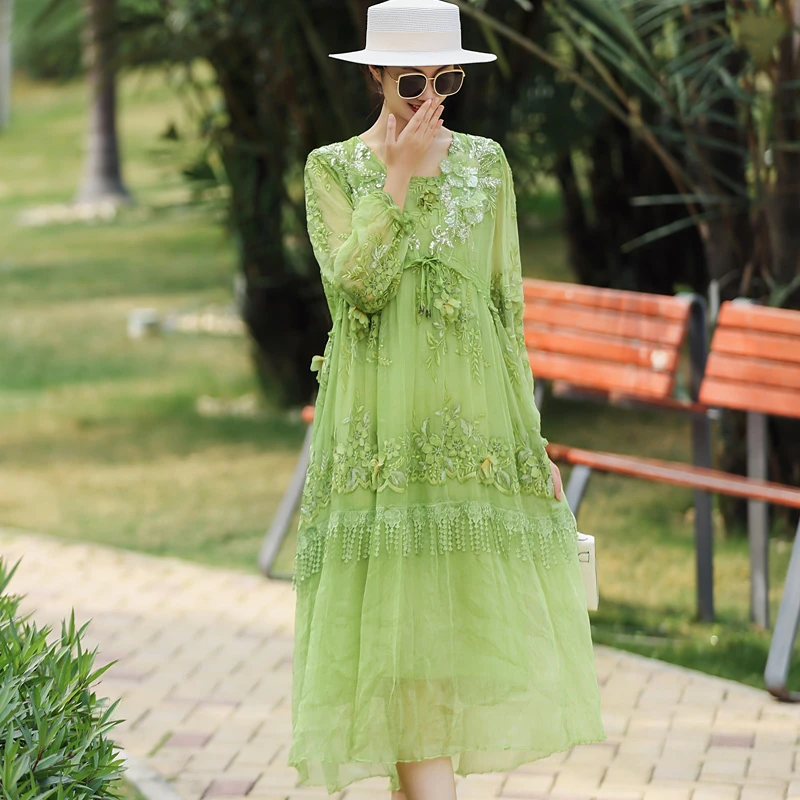 拜占庭的森林桑蚕丝连衣裙女V领高档亮片拼接刺绣亮片洋气中长款