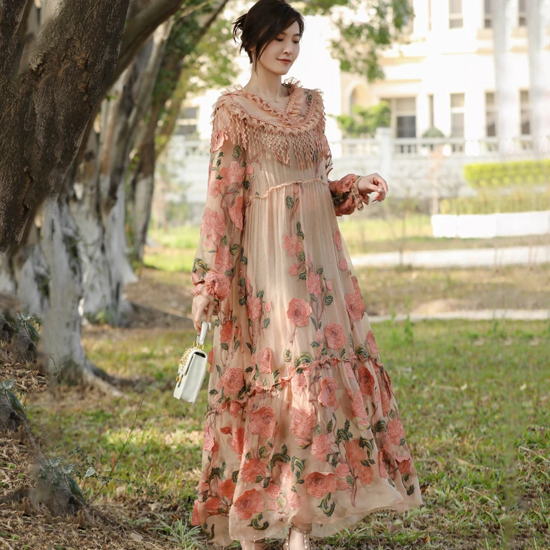拜占庭的森林桑蚕丝连衣裙女流苏立体花刺绣大牌宽松真丝长袖长裙
