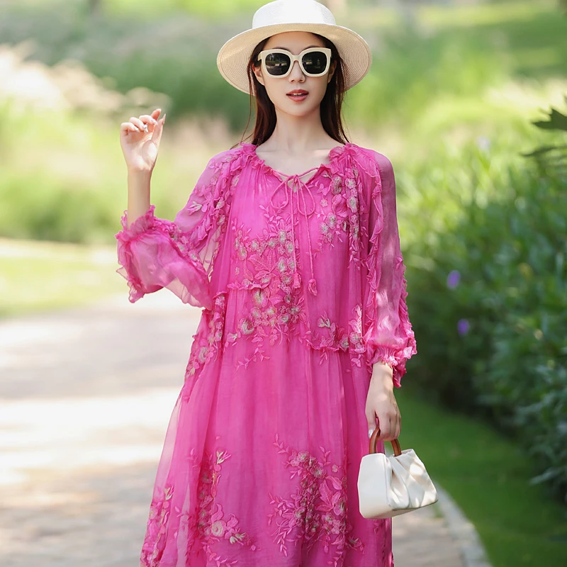 拜占庭的森林金丝线刺绣桑蚕丝连衣裙圆领高端气质减龄真丝裙女装