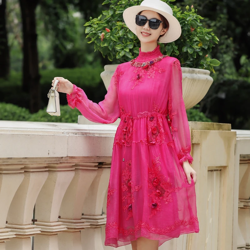 桑蚕丝连衣裙半高领长袖气质高端时尚刺绣中长款小个子红色真丝裙