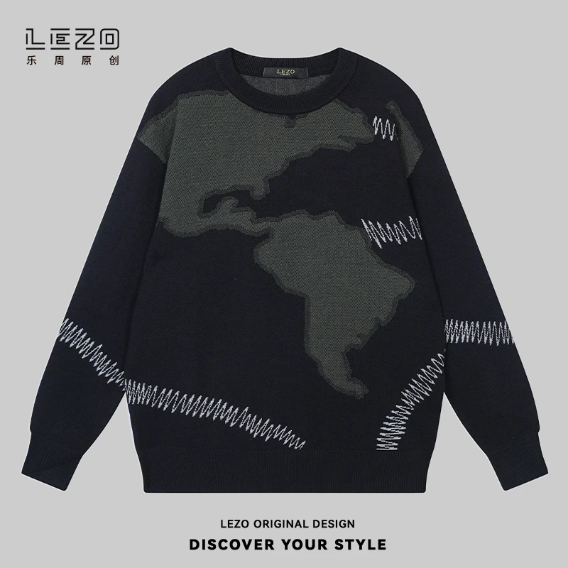 LEZO乐周原创 男士秋季男长袖圆领毛衫落肩版 924304008黑绿色