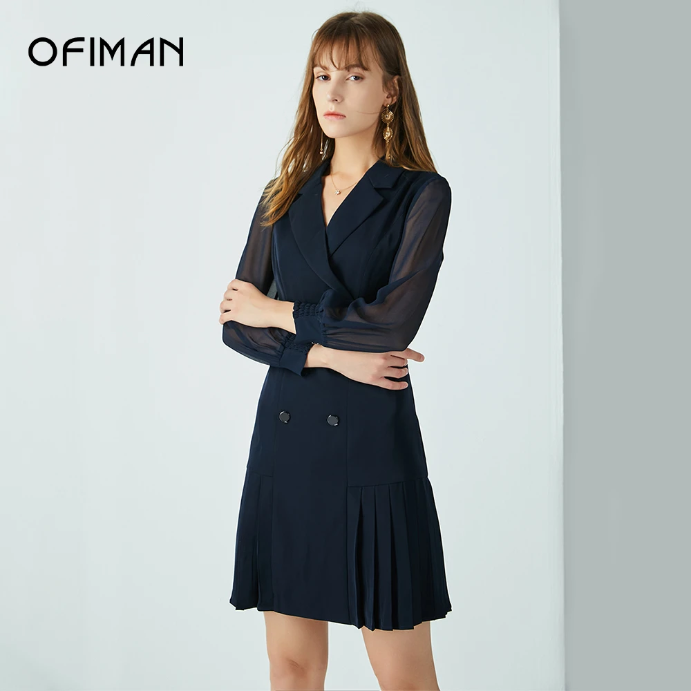 【小熊专属】西装领连衣裙短裙女秋冬双排扣百褶半透长袖A字裙子