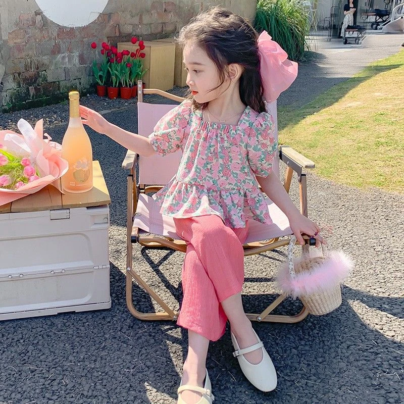 女童夏装套装新款网红夏季衣服女宝宝夏天洋气时尚短袖碎花两件套