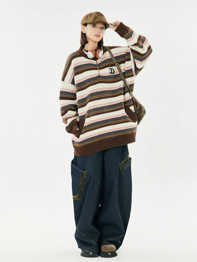 UNOTOBE 美式复古撞色条纹半拉链毛衣情侣慵懒宽松针织衫上衣