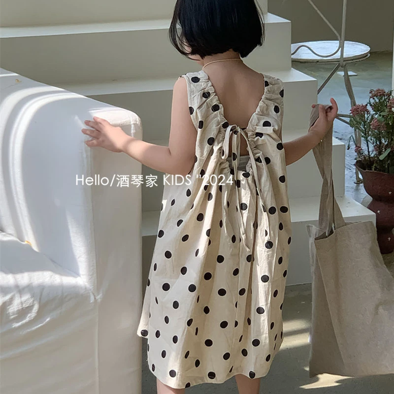 儿童复古圆点连衣裙韩系夏季新品女童洋气后背系绳棉布裙背心裙潮