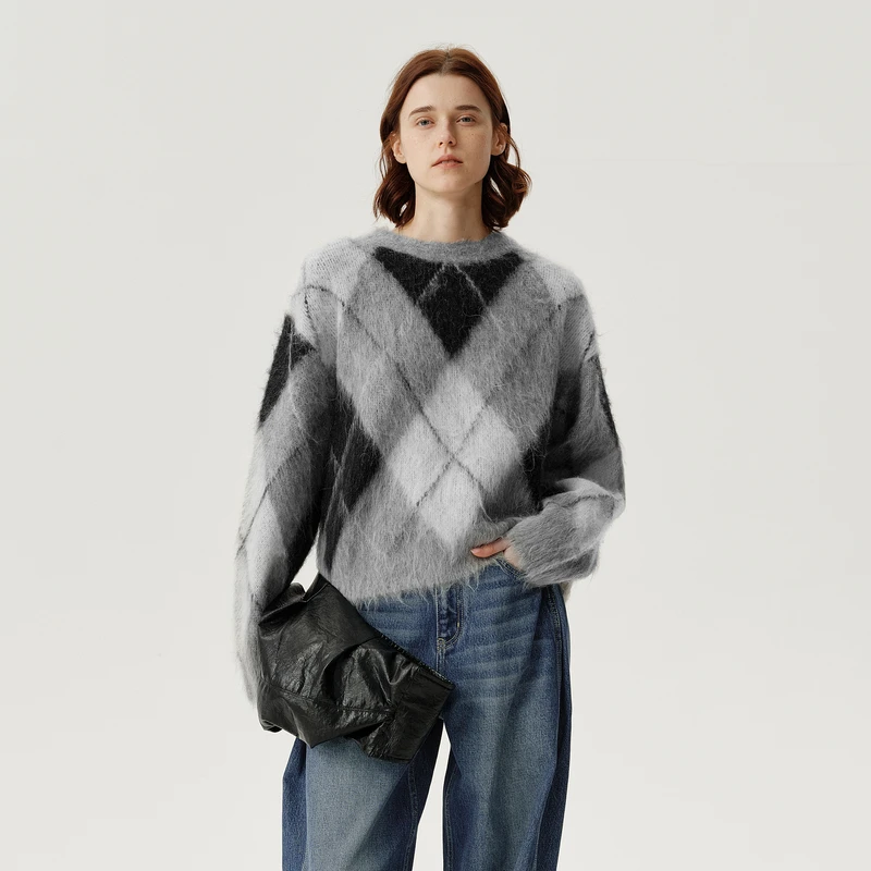 【自由旷野】羊驼毛绵羊毛混纺软糯菱格毛衣女冬新款