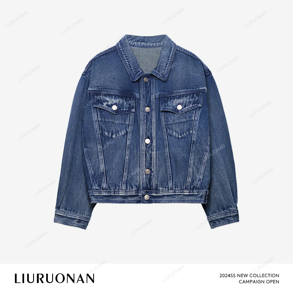 LIURUONAN 24SS polo翻领长袖牛仔外套早春新款女装金属扣外套