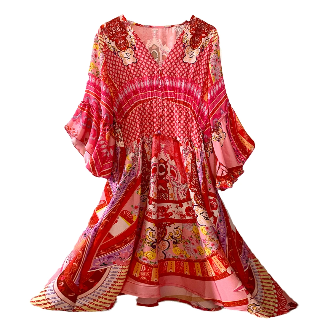 新款酸皱高级感印花波西米亚风气质宽松显瘦民族风短款连衣裙女