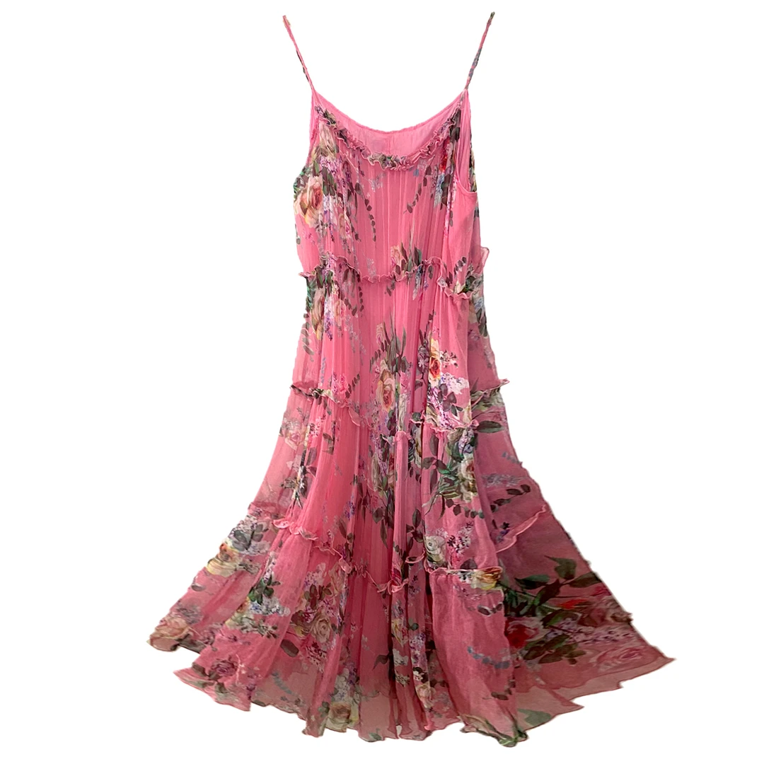 新款桑蚕丝连衣裙女花色裙子超仙印花中长款收腰吊带真丝裙