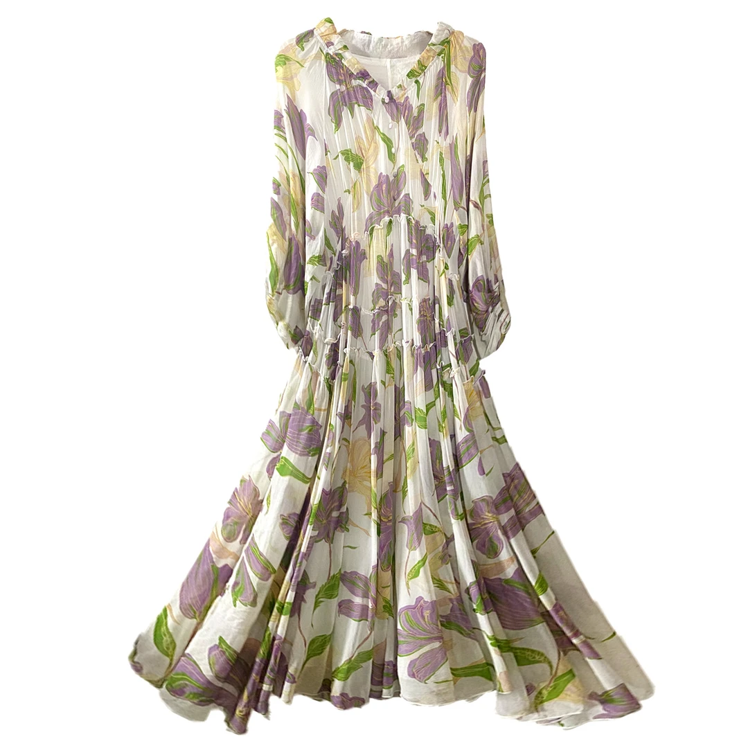 夏季新款长裙印花连衣裙桑蚕丝气质修身连衣裙女女装连衣裙