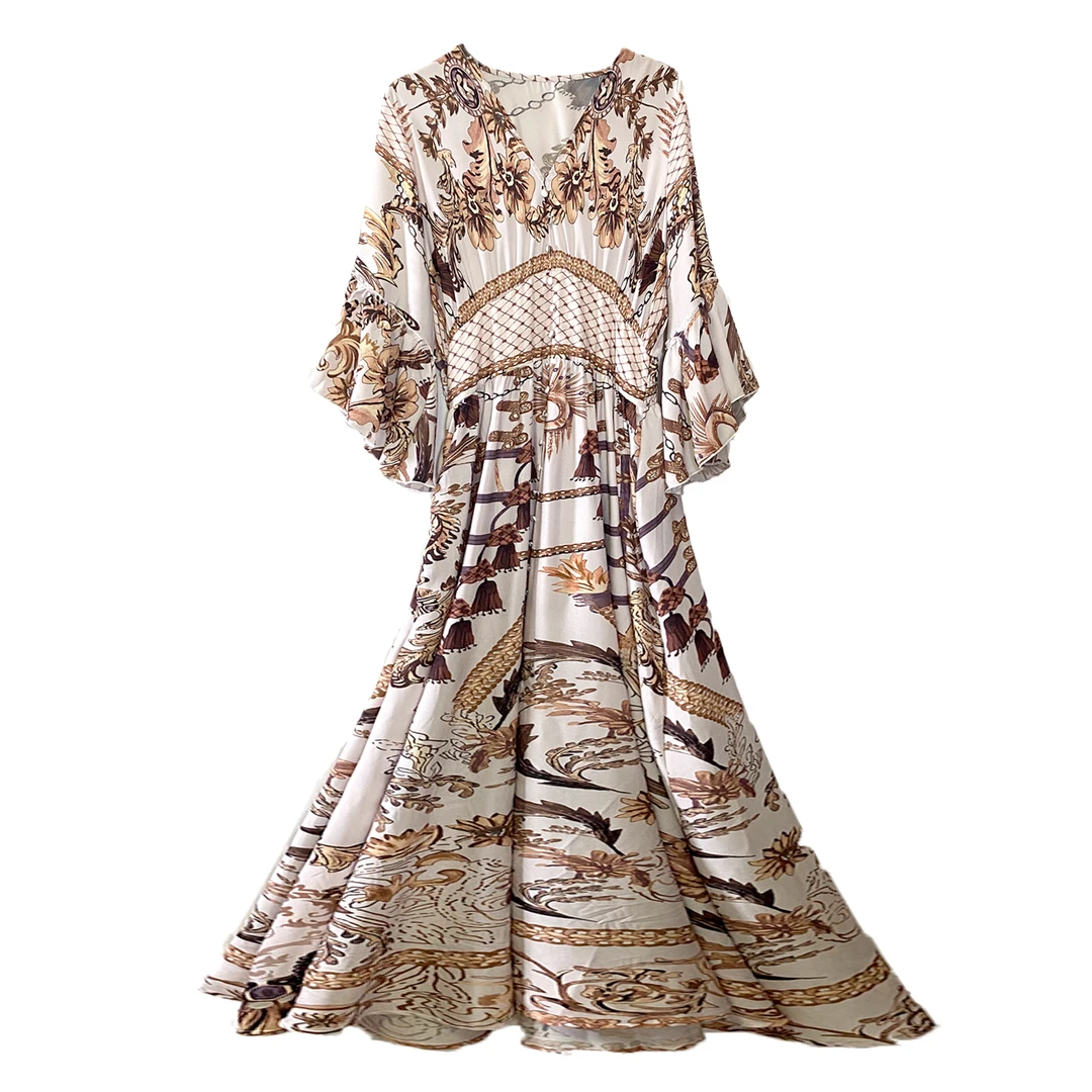 新款酸皱高级感印花波西米亚风气质宽松显瘦民族风连衣裙女