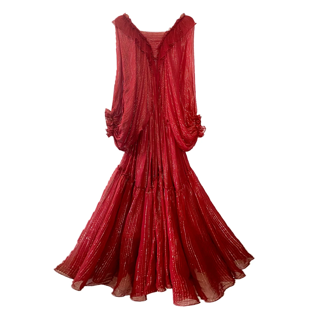 新款 100%桑蚕丝宽松蝙蝠袖金丝线裙子气质海边度假真丝连衣裙女