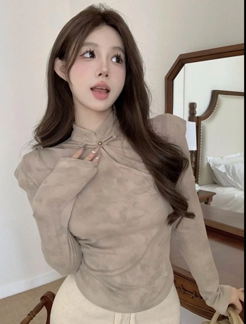 秋冬装女新款新中式国风盘扣立领长袖修身显瘦内搭T恤上衣