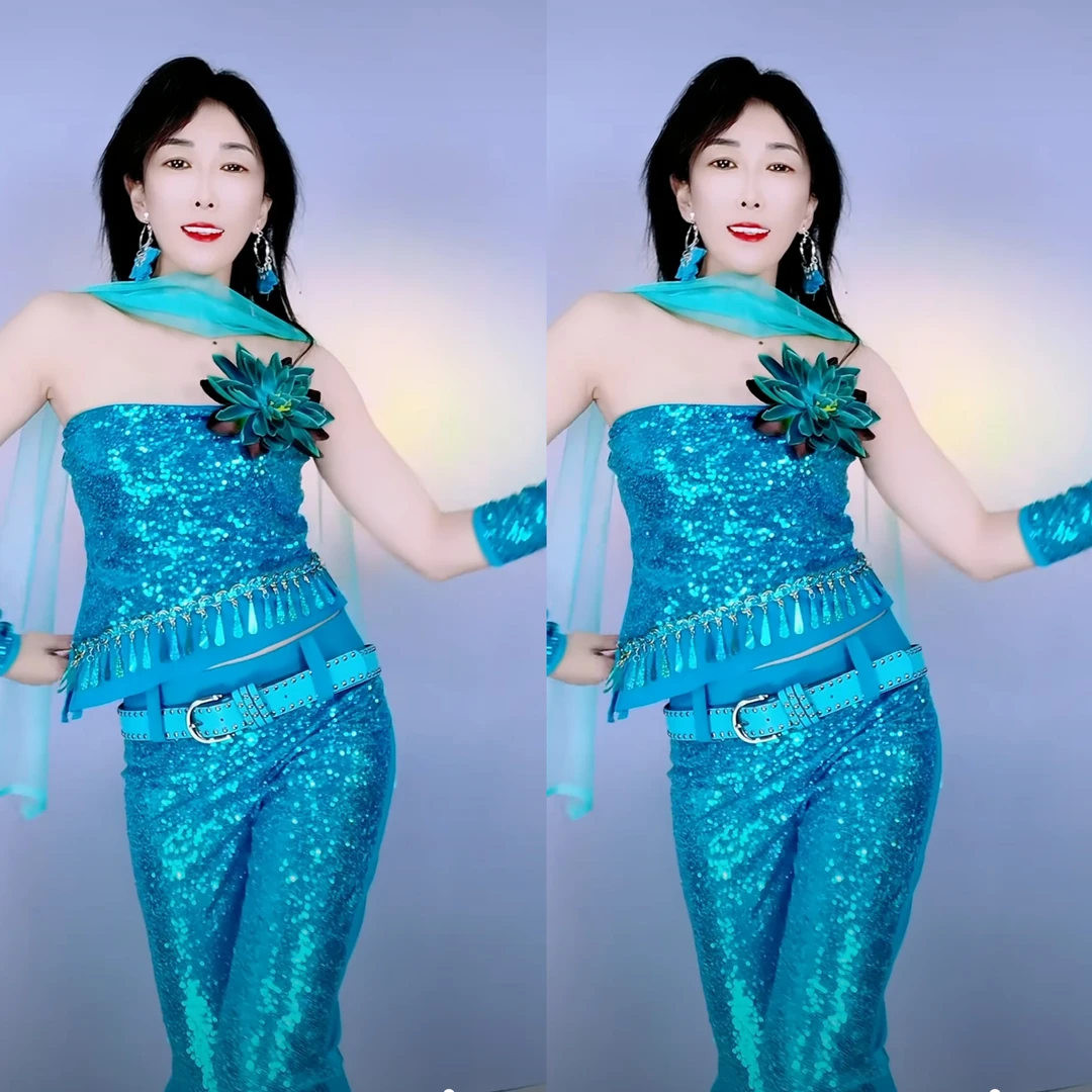 天蓝色亮片性感长款套装