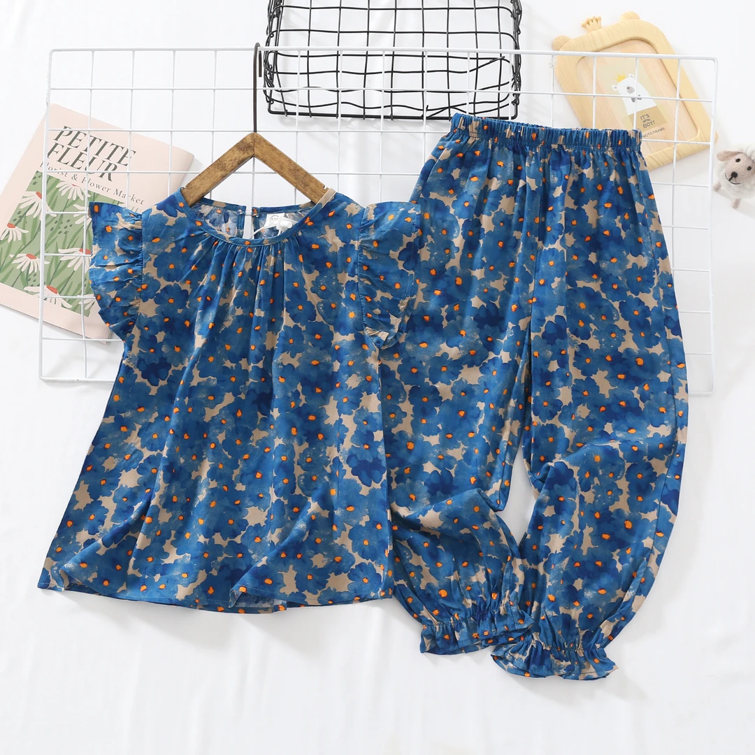 夏季儿童薄款新款爆款时尚碎花洋气速干防晒防蚊通用女童棉绸套装