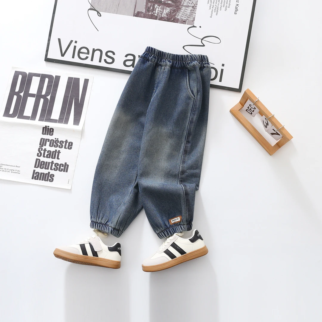 儿童潮牌服装牛仔覆合加绒男童牛仔裤束脚裤脚口标童装宝宝冬装