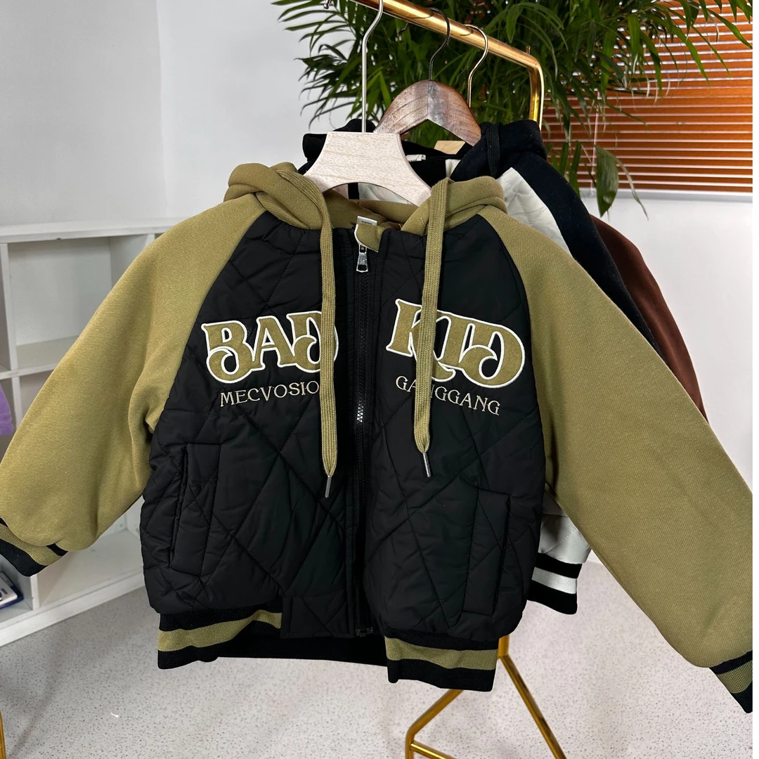 儿童潮牌服装插肩袖韩版带帽棒球服棉服宝宝冬装童装宝宝外出服装