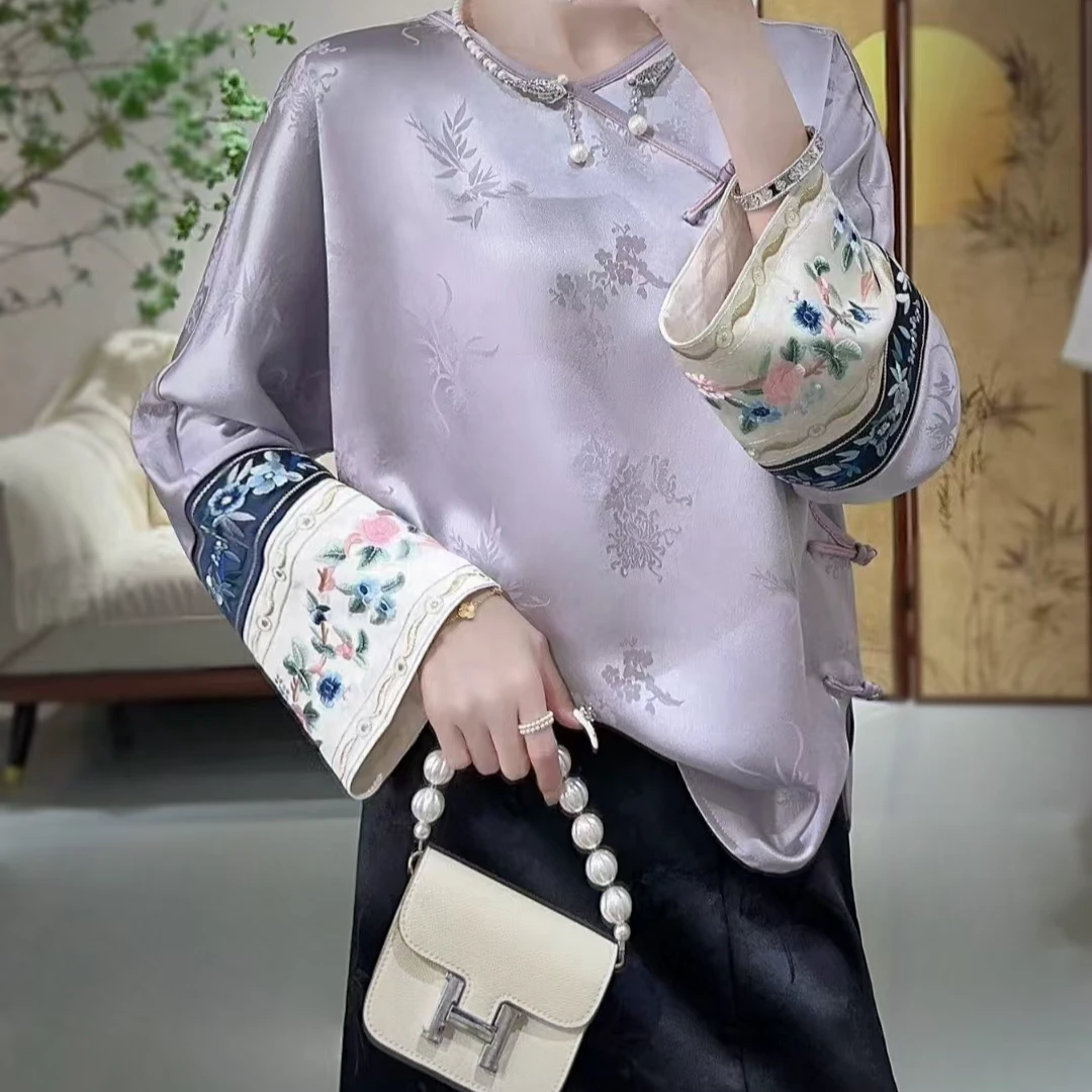 2024年春季新中式重工长袖复古中国圆领风斜襟百搭斜襟上衣