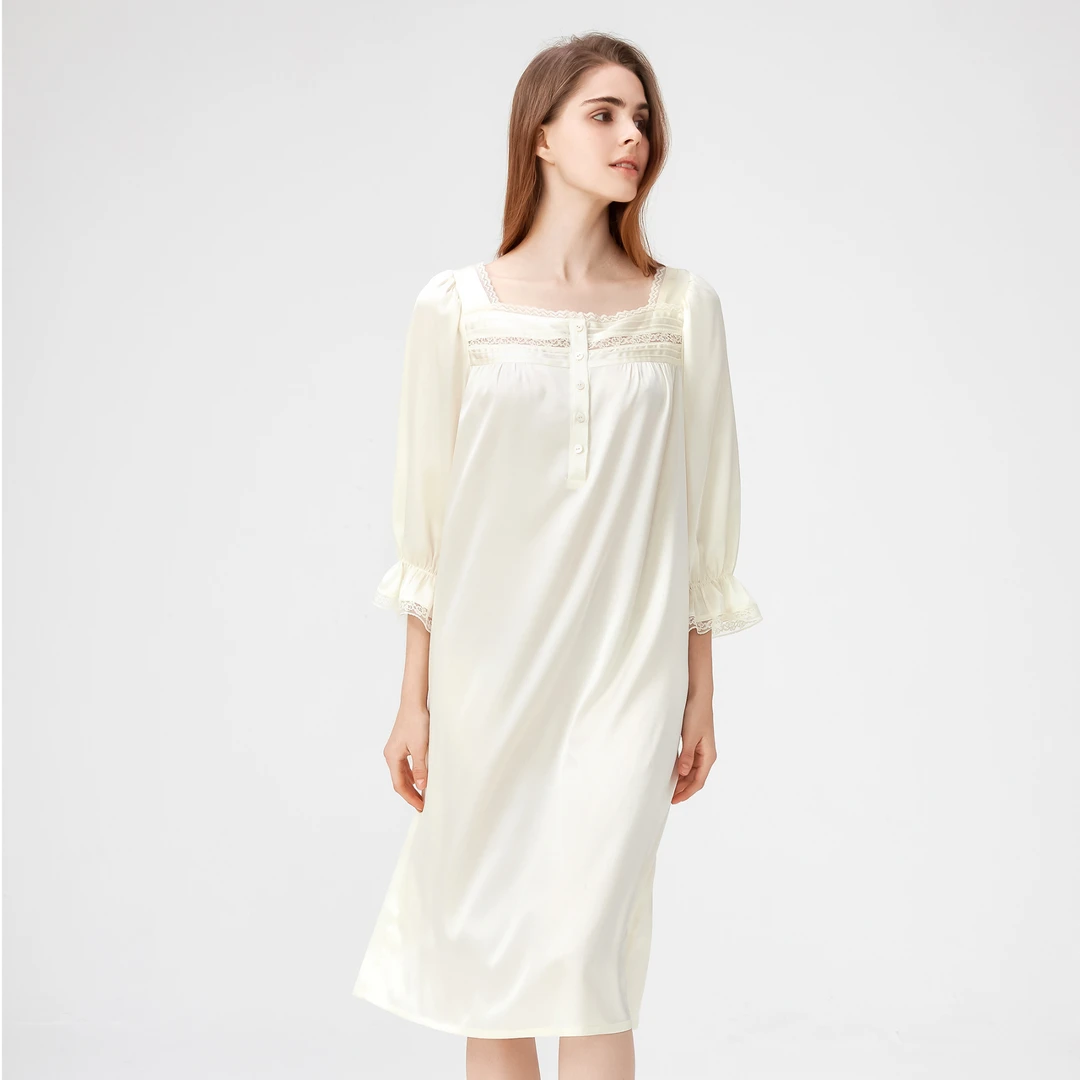 【粉丝福利价】(真丝蕾丝睡裙）真丝长裙时尚中长款女士休闲D-6145