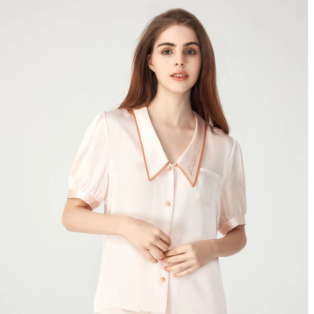 【Nora诺拉】(两件套）真丝娃娃领短袖短裤套装D-2184