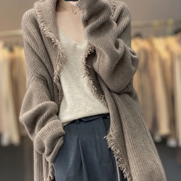 100纯羊毛法式慵懒风高密工艺女新款流苏中长款开衫针织外套宽松