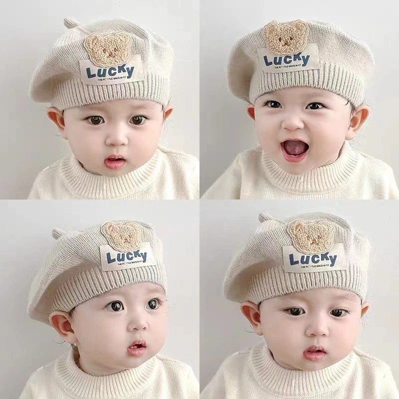 婴儿帽子春秋款贝雷帽Luck熊毛线帽超萌男女宝秋季保暖针织帽